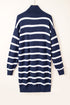 Striped O-Ring Zip Front Collared Drop Shoulder Long Sleeve Sweater Dress